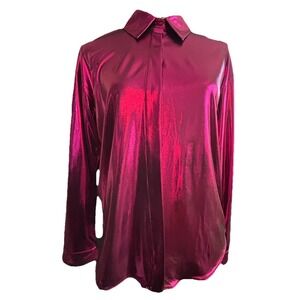 Anthropologie Gillian Liquid Shine Fuschia Metallic Button Up High Low Hem Sz L